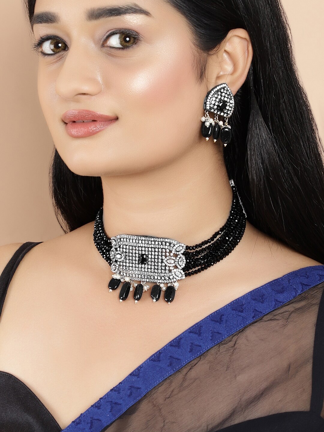

Rubans Silver-Plated Black & White Zirconia-Studded Beaded Handcrafted Jewellery Set
