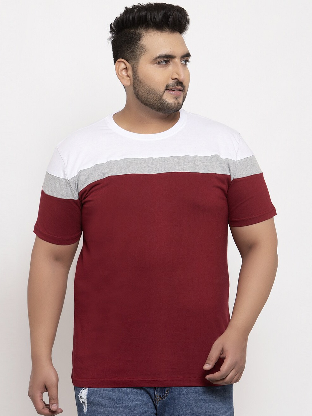

Rodzen Men Maroon & Grey Colourblocked Round Neck T-shirt