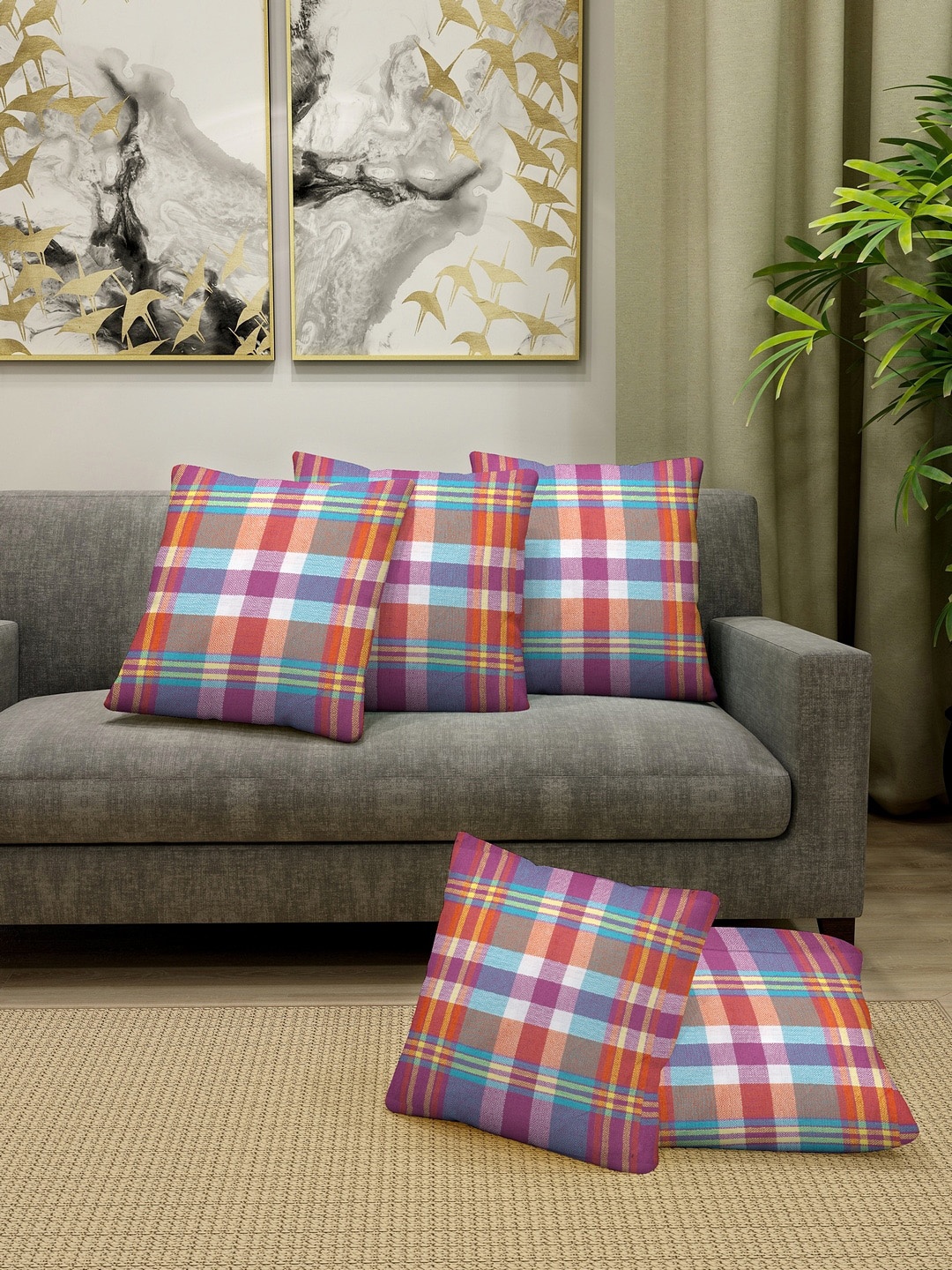 

KLOTTHE Set Of 5 Multicoloured Checked Floor Cushions, Multi