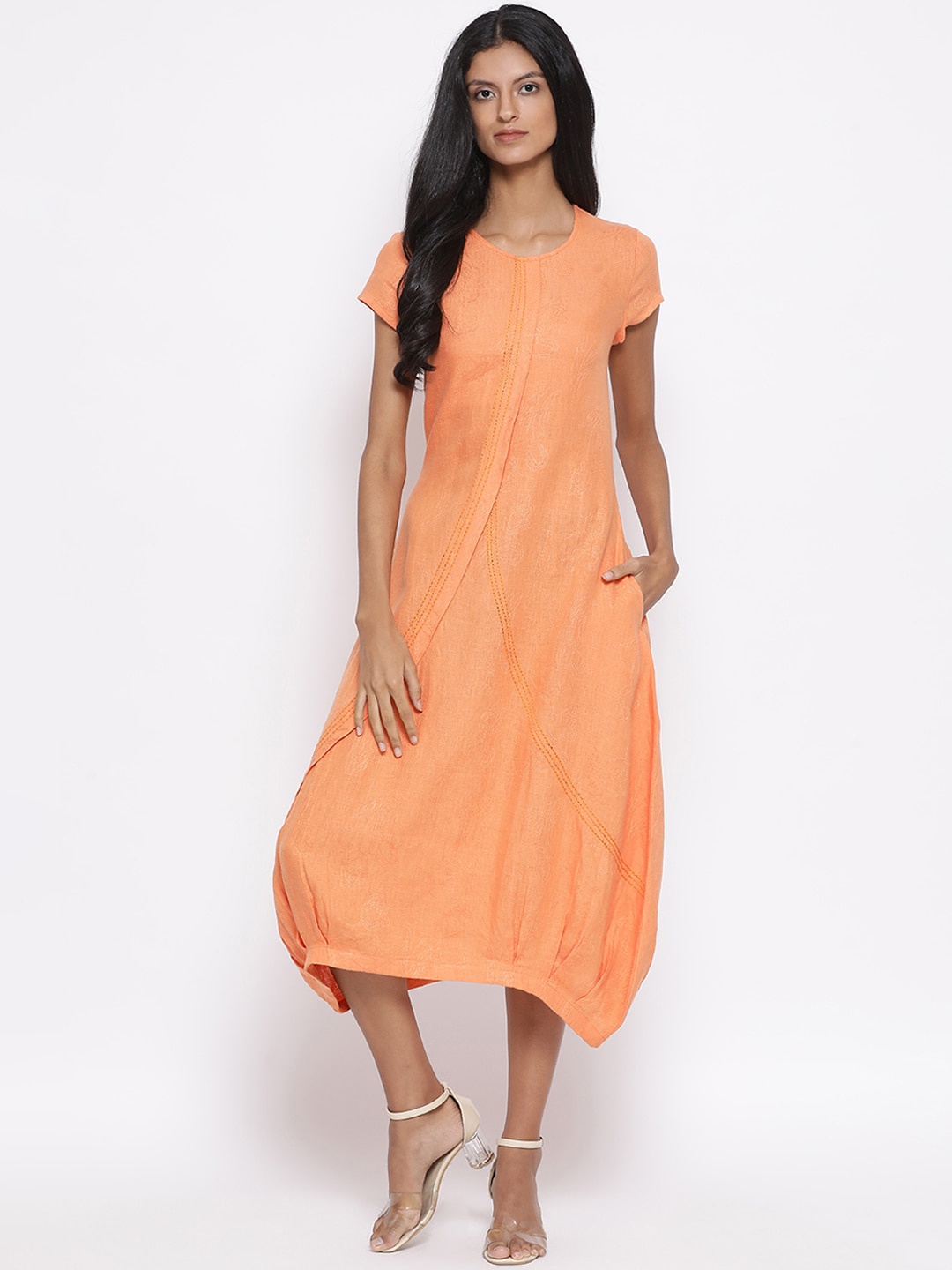 

ROOTED Women Orange Solid Linen Balloon Dress