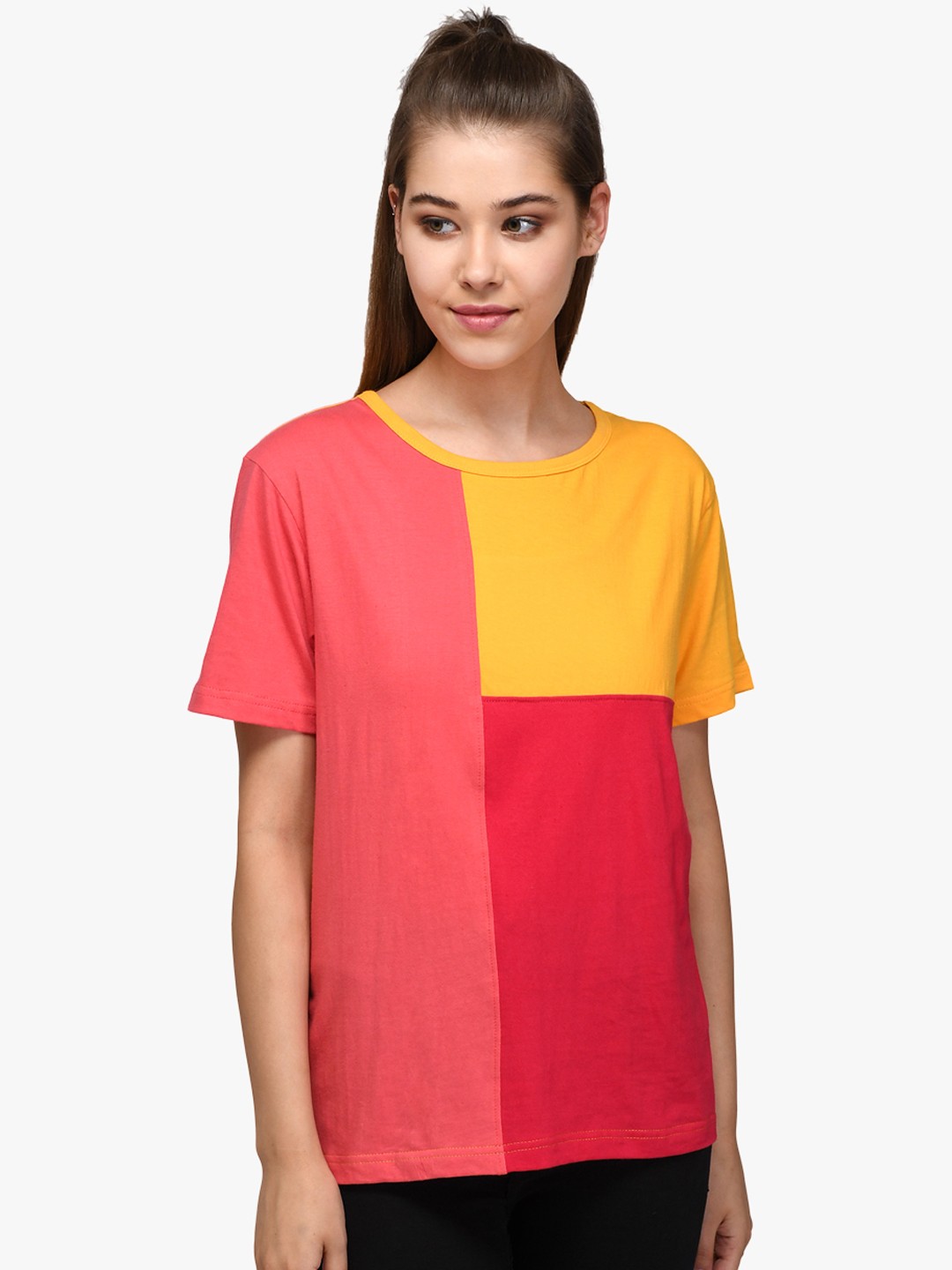

Kotty Women Yellow & Red Colourblocked Boat Neck T-shirt