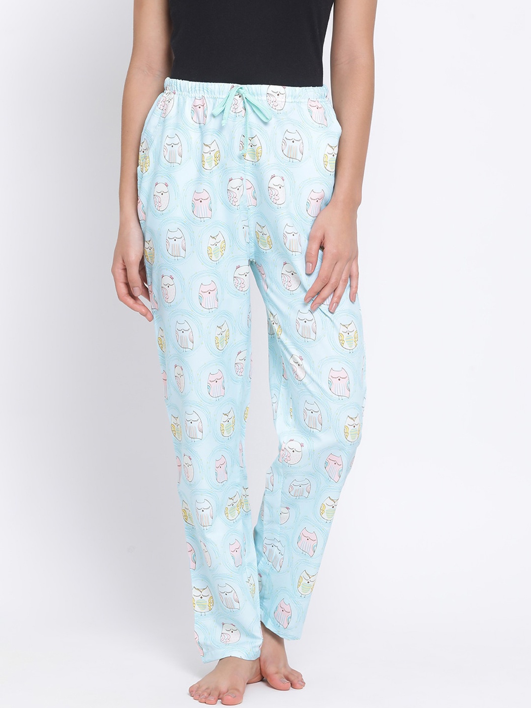 

Kanvin Women Aqua Blue & White Owl Print Lounge Pants