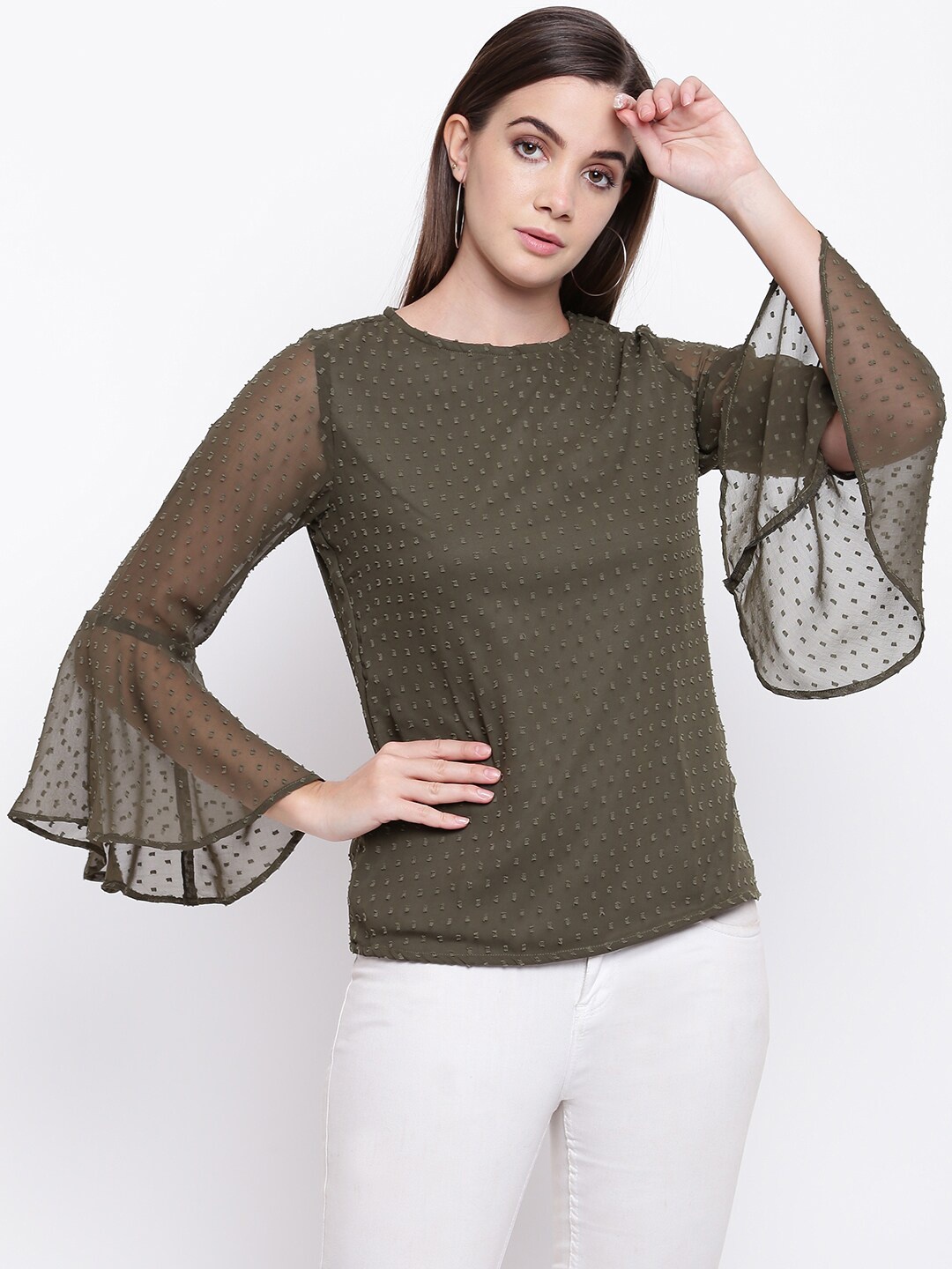

RIVI Women Olive Green Self Design Bell Sleeves Top