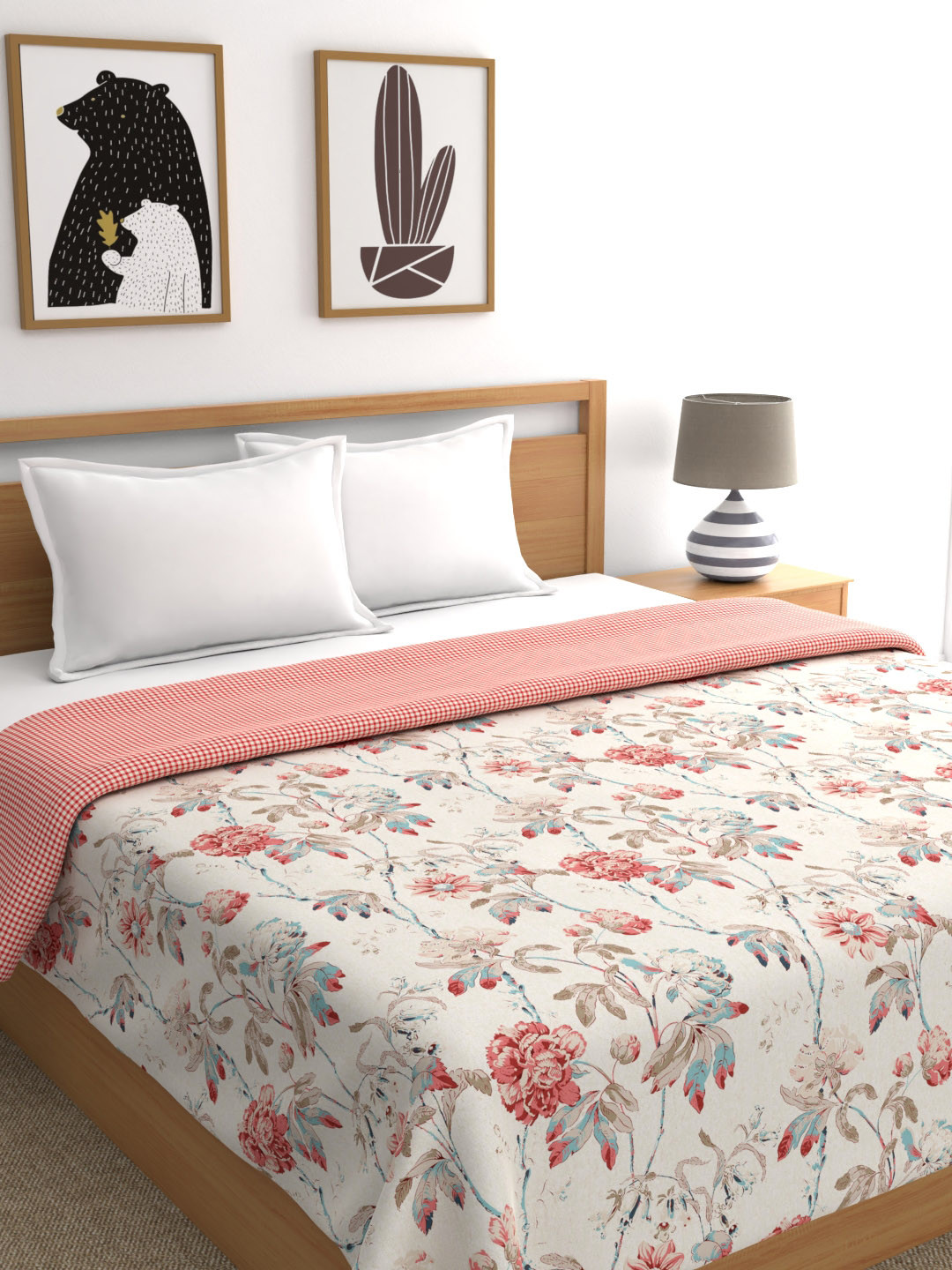 

Portico New York Off-White & Pink Floral AC Room 110 GSM Double Bed Dohar