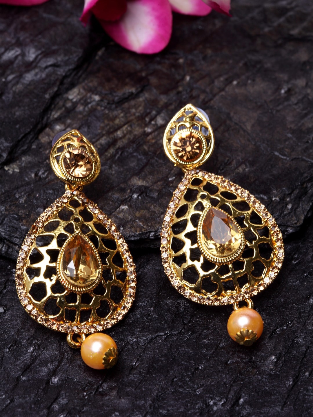 

ANIKAS CREATION Gold-Plated Teardrop Shaped Drop Earrings