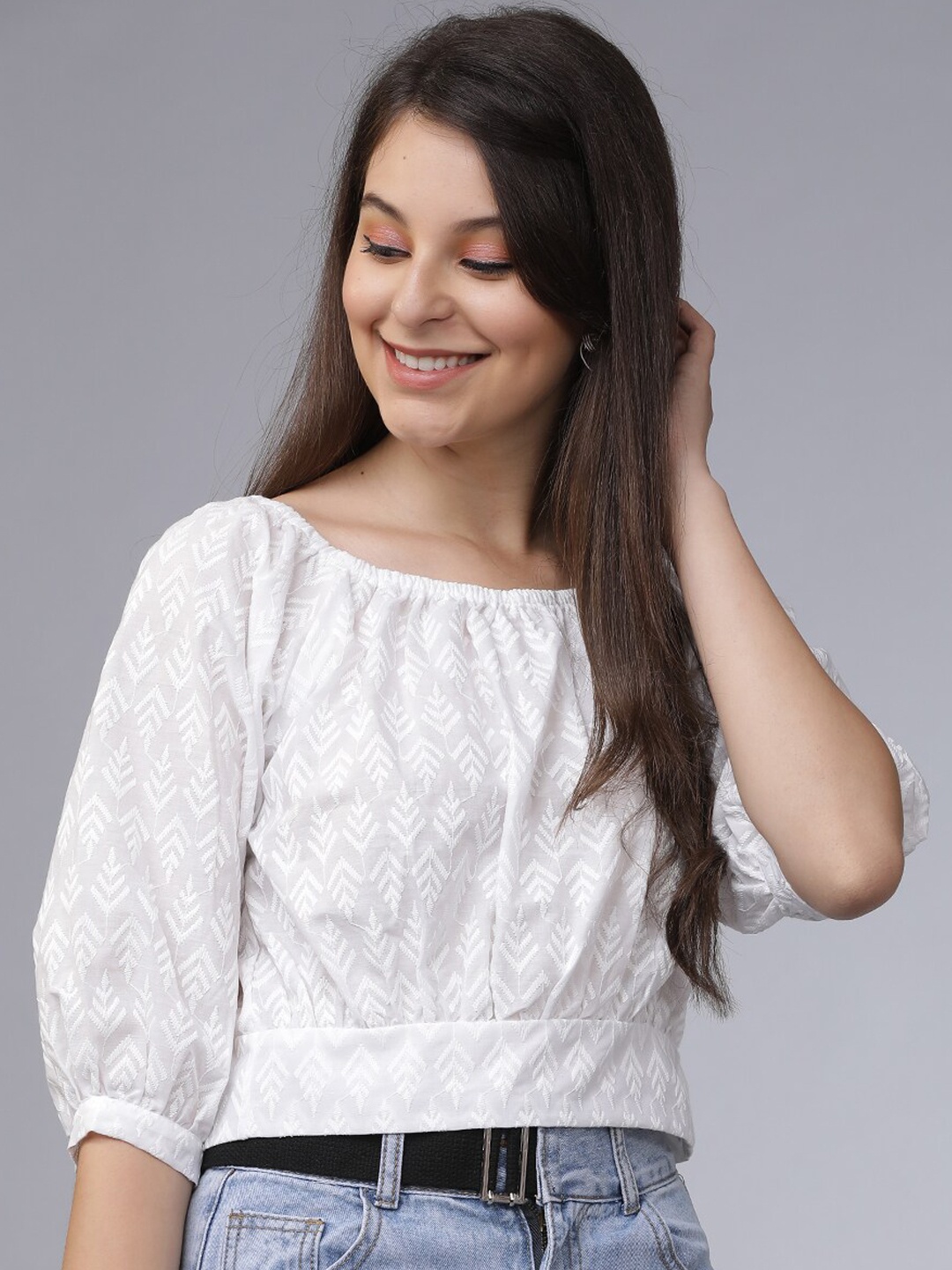 

Tokyo Talkies White Embroidered Crop Top
