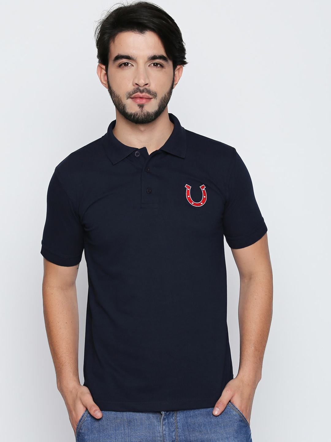 Blacksmith Men Navy Blue Solid Polo Collar T-shirt