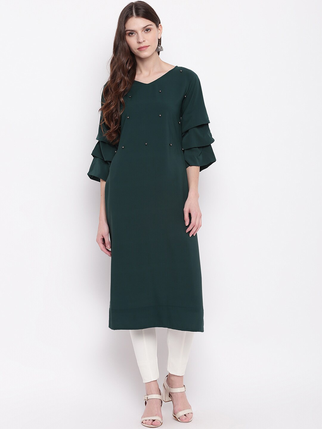 

Napra Women Green Solid Bead Embellished Straight Kurta