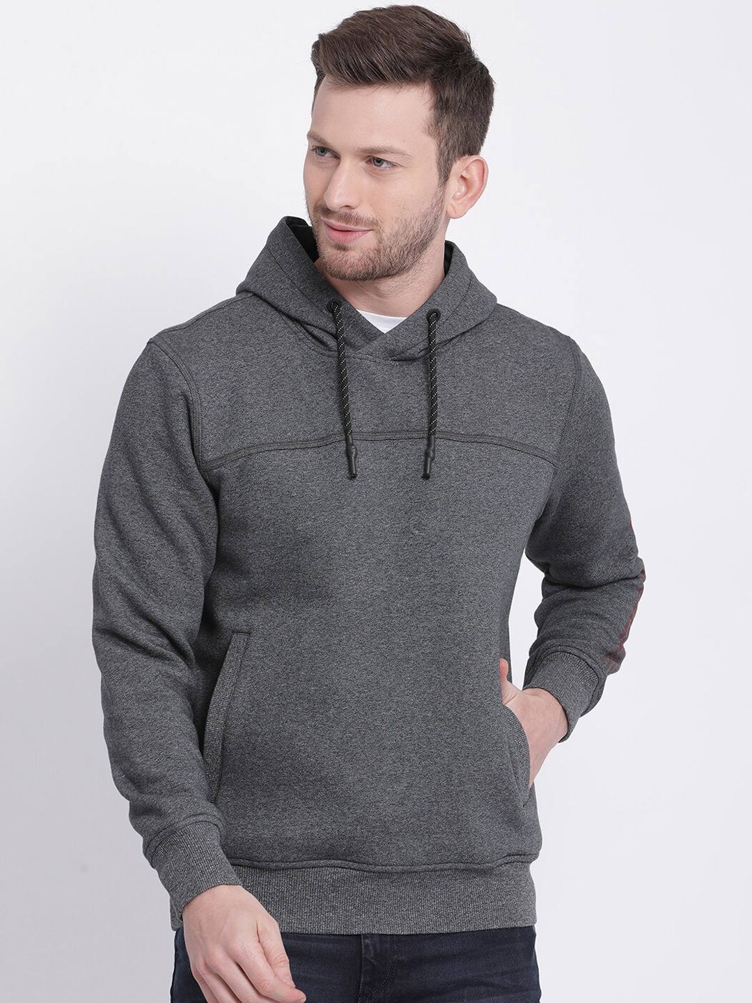

t-base Men Grey Solid Hooded Sweatshirt