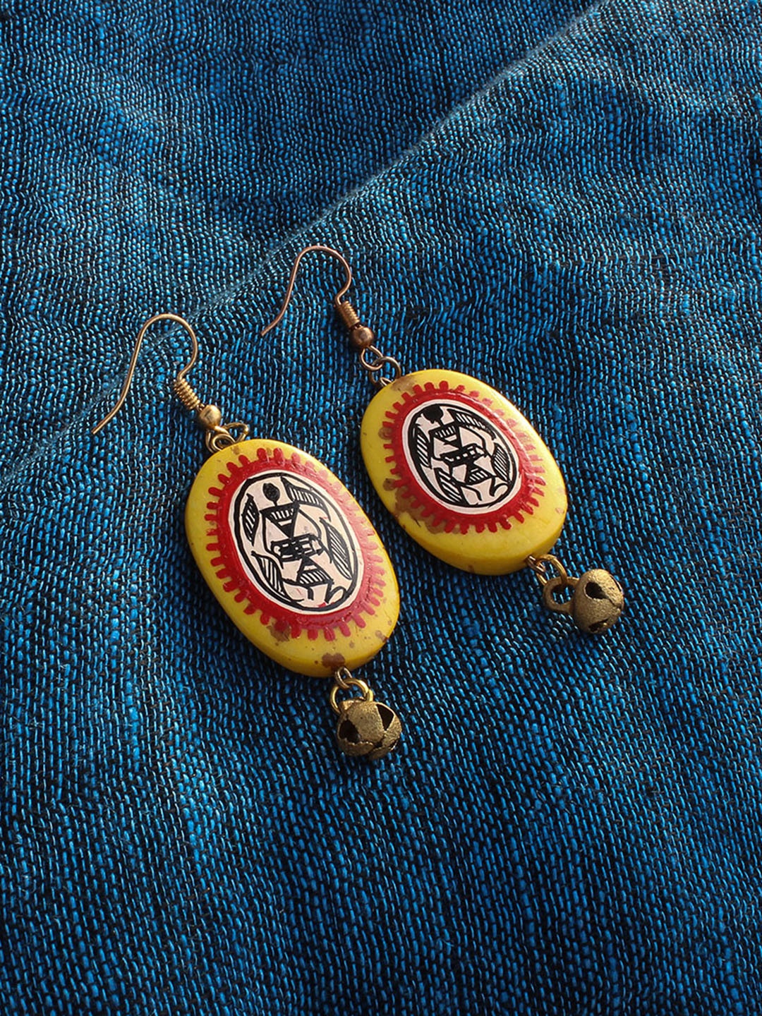 

ExclusiveLane Yellow & Orange Warli Art Hand-Painted Bohemian Resin Oval Drop Earrings