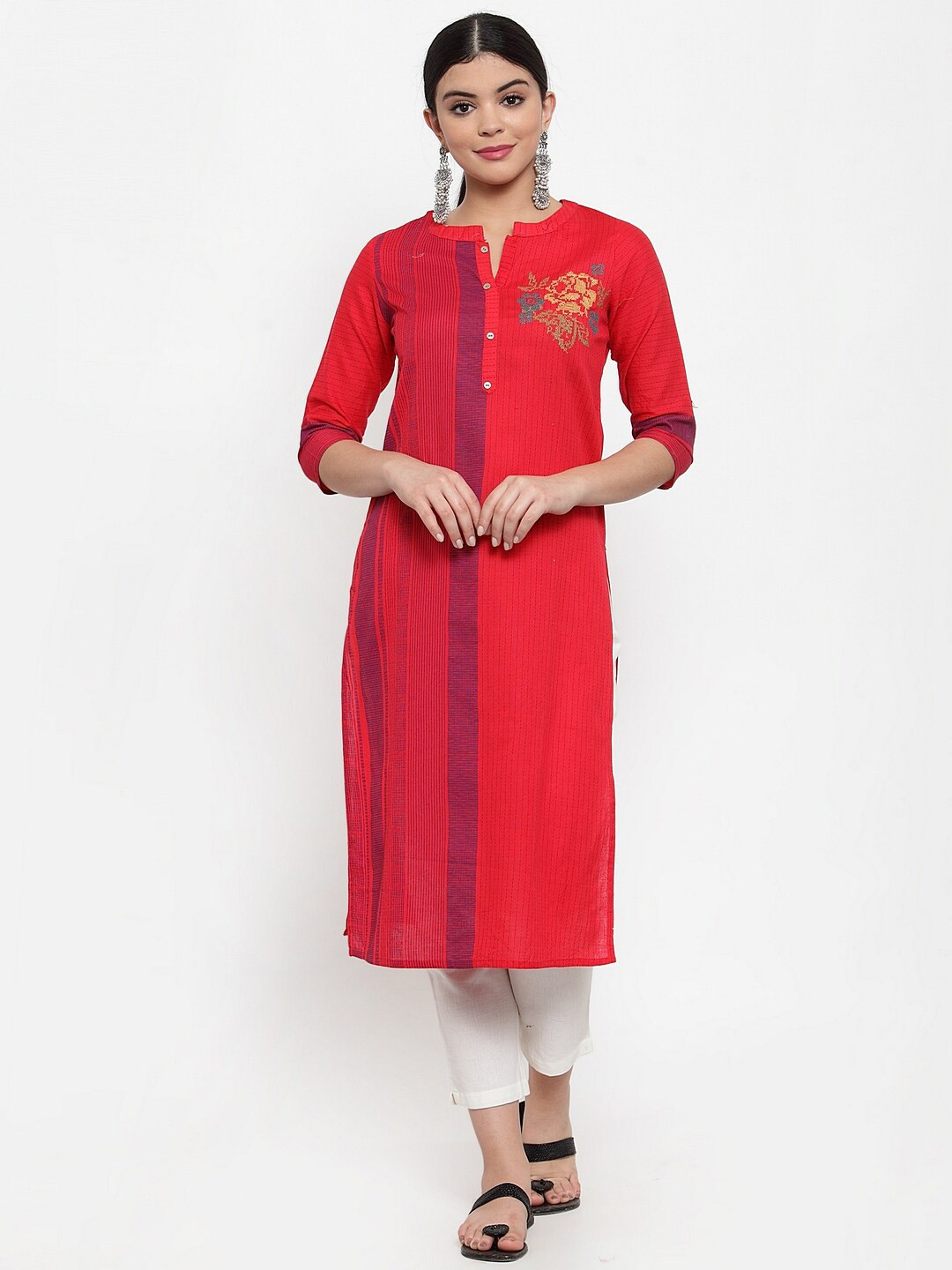 

ANAISA Women Red Embroidered Straight Kurta