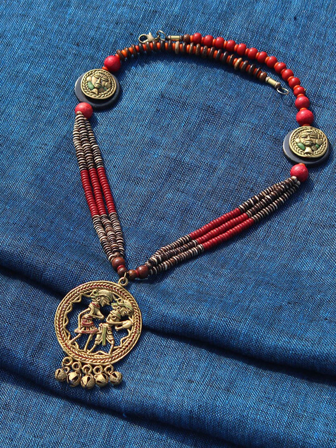 

ExclusiveLane Tribal Couple Faces Bohemian Brass Multistrand Beaded Necklace, Red