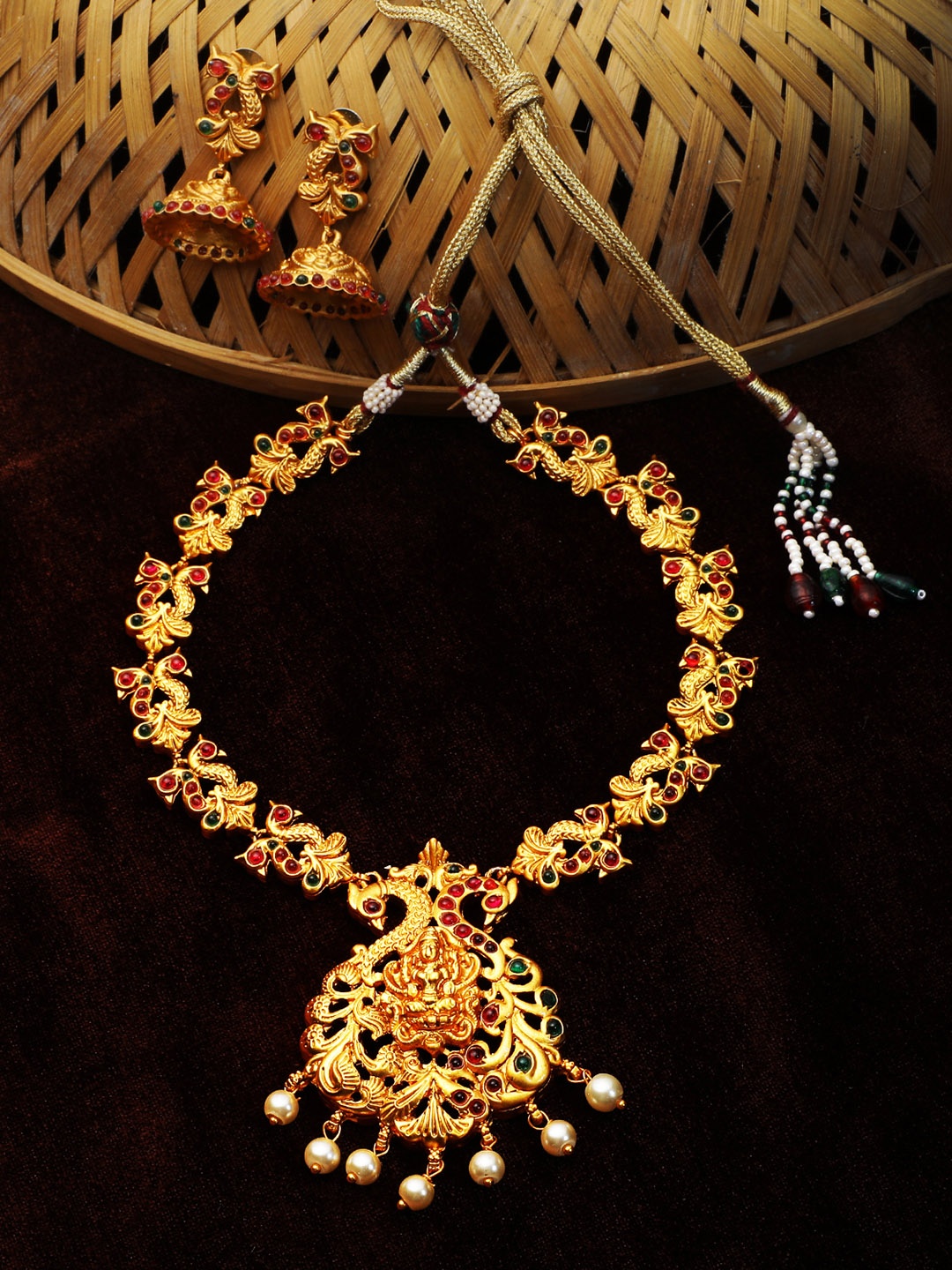 

Adwitiya Collection 24CT Gold-Plated & Pink Stone-Studded Temple Antique Jewellery Set