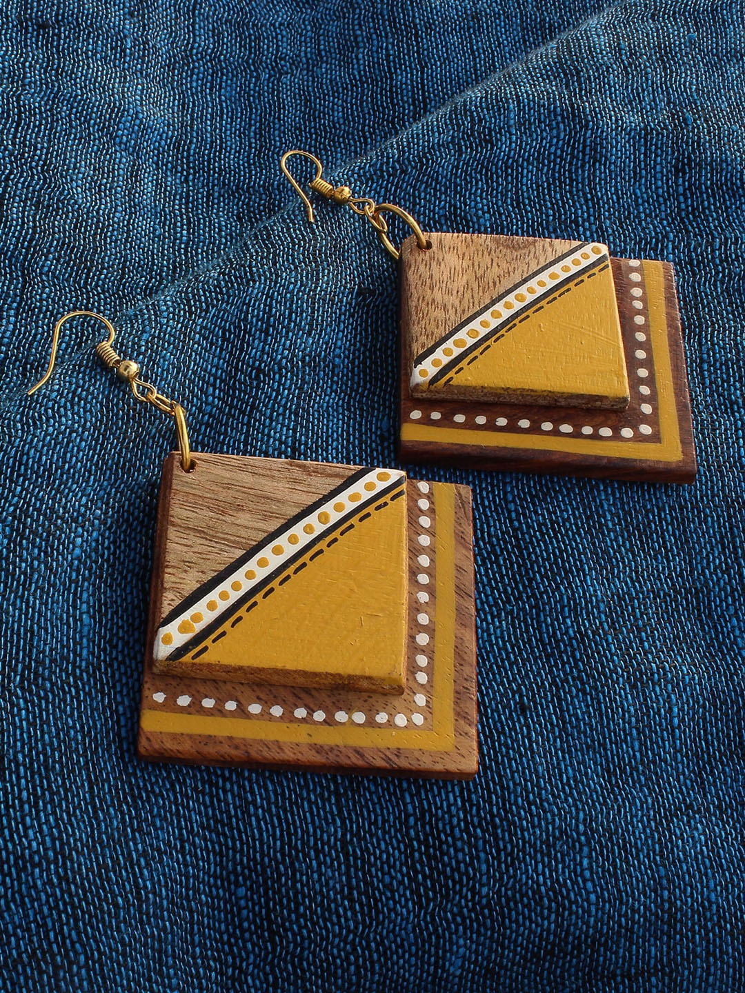 

ExclusiveLane Brown and Yellow Bohemian Square Drop Wooden Earrings