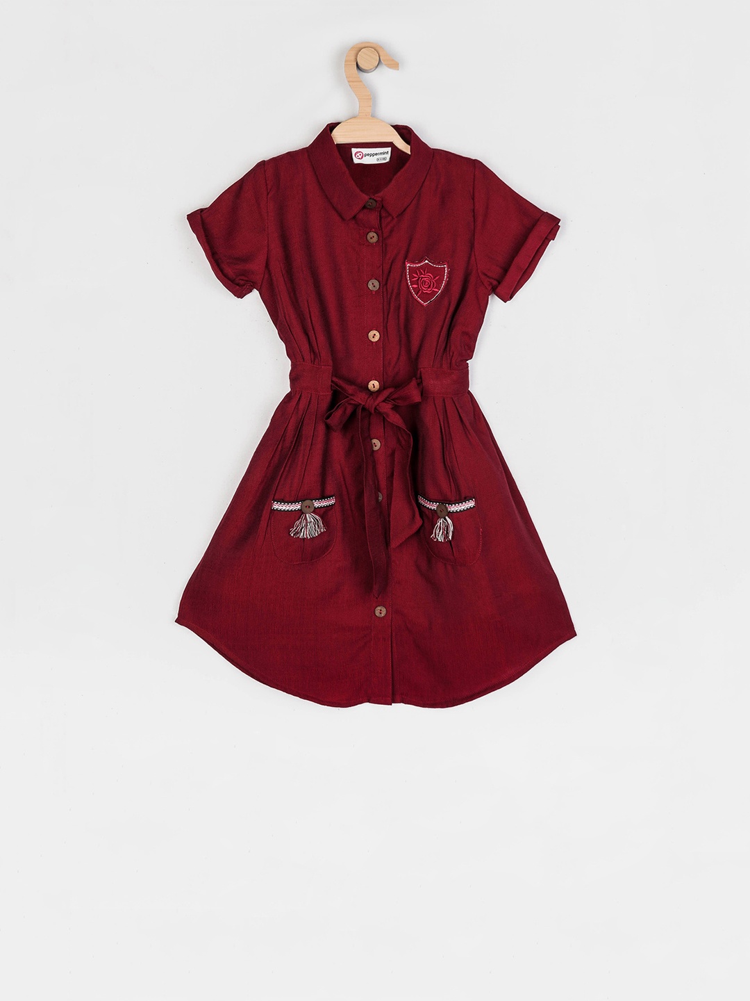 

Peppermint Girls Maroon Solid Shirt Dress