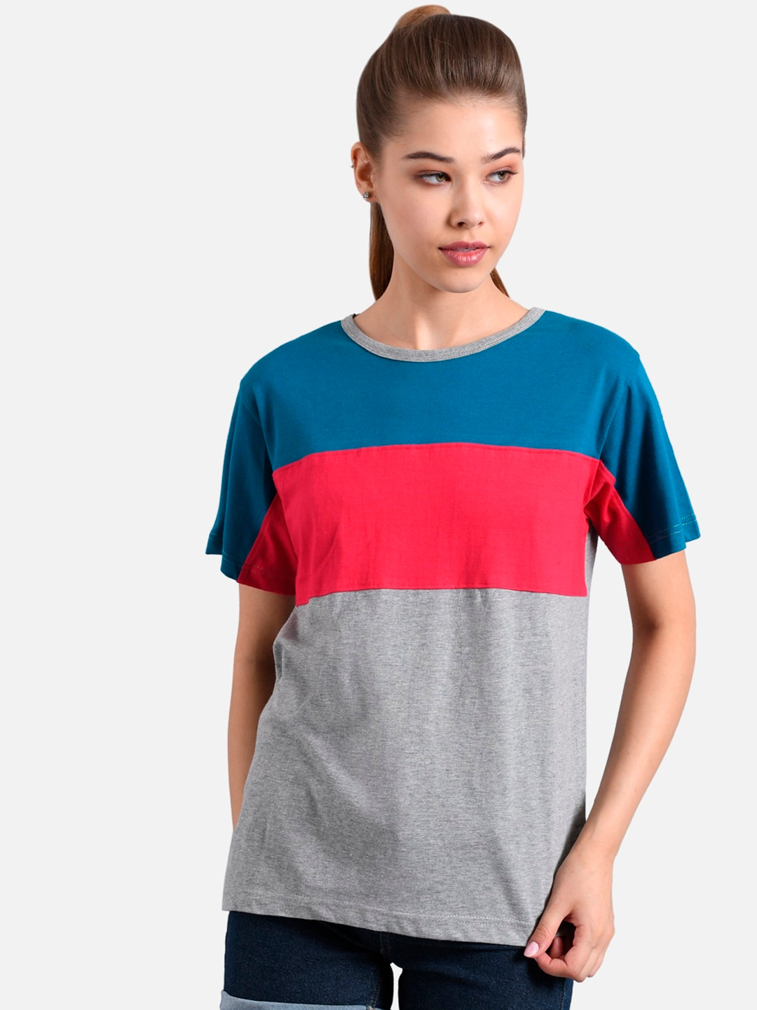 

Kotty Women Grey & Blue Colourblocked Round Neck T-shirt