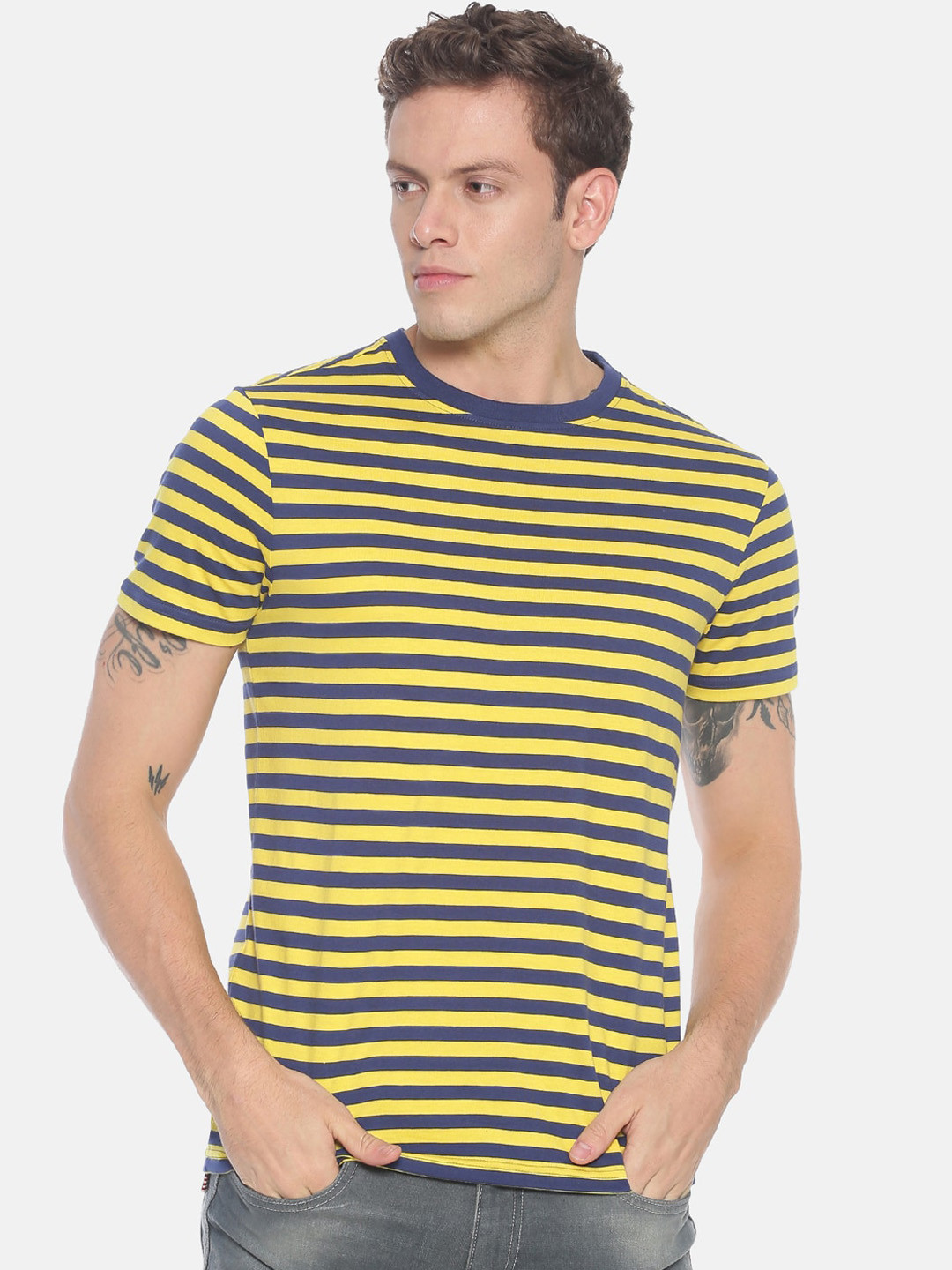 

Steenbok Men Yellow Blue Striped Round Neck Pure Cotton T-shirt