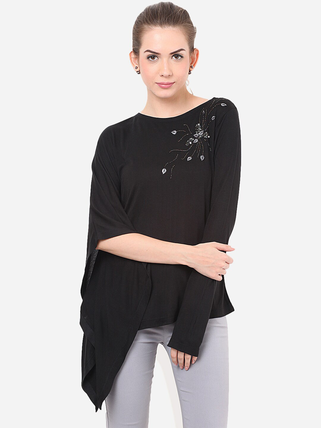 

Porsorte Women Black Embellished Pure Cotton Top