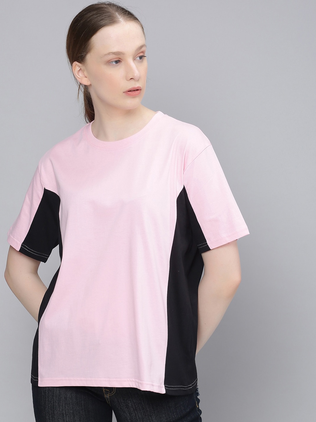 

DILLINGER Women Pink Colourblocked Round Neck Boxy Regular T-shirt