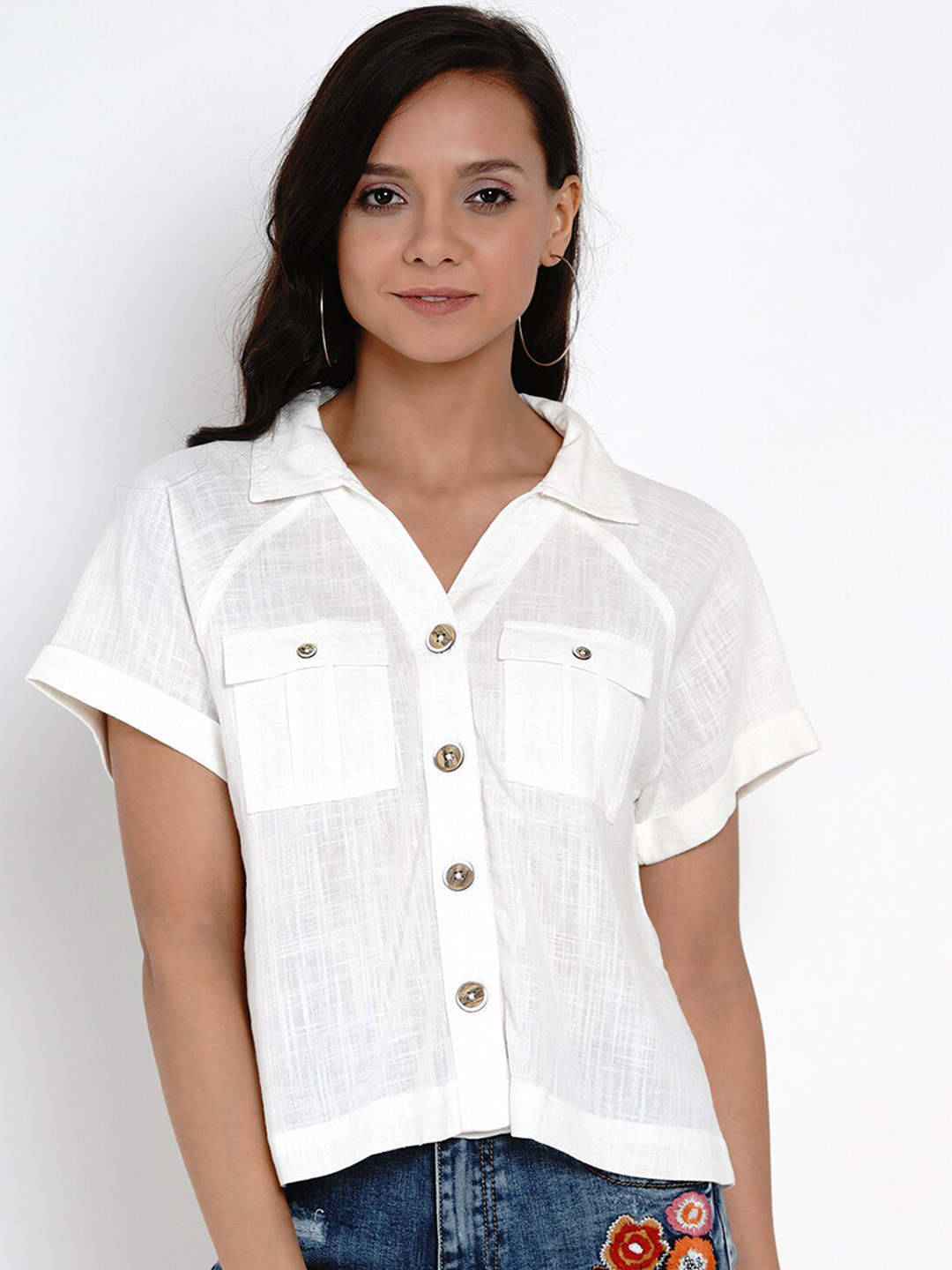 

Latin Quarters Women White Solid Linen Shirt Style Top