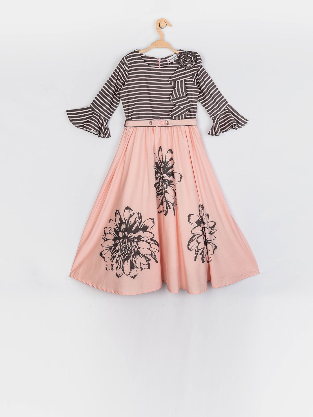 Peppermint Girls Peach & Black Floral Print Bell Sleeves Maxi Dress