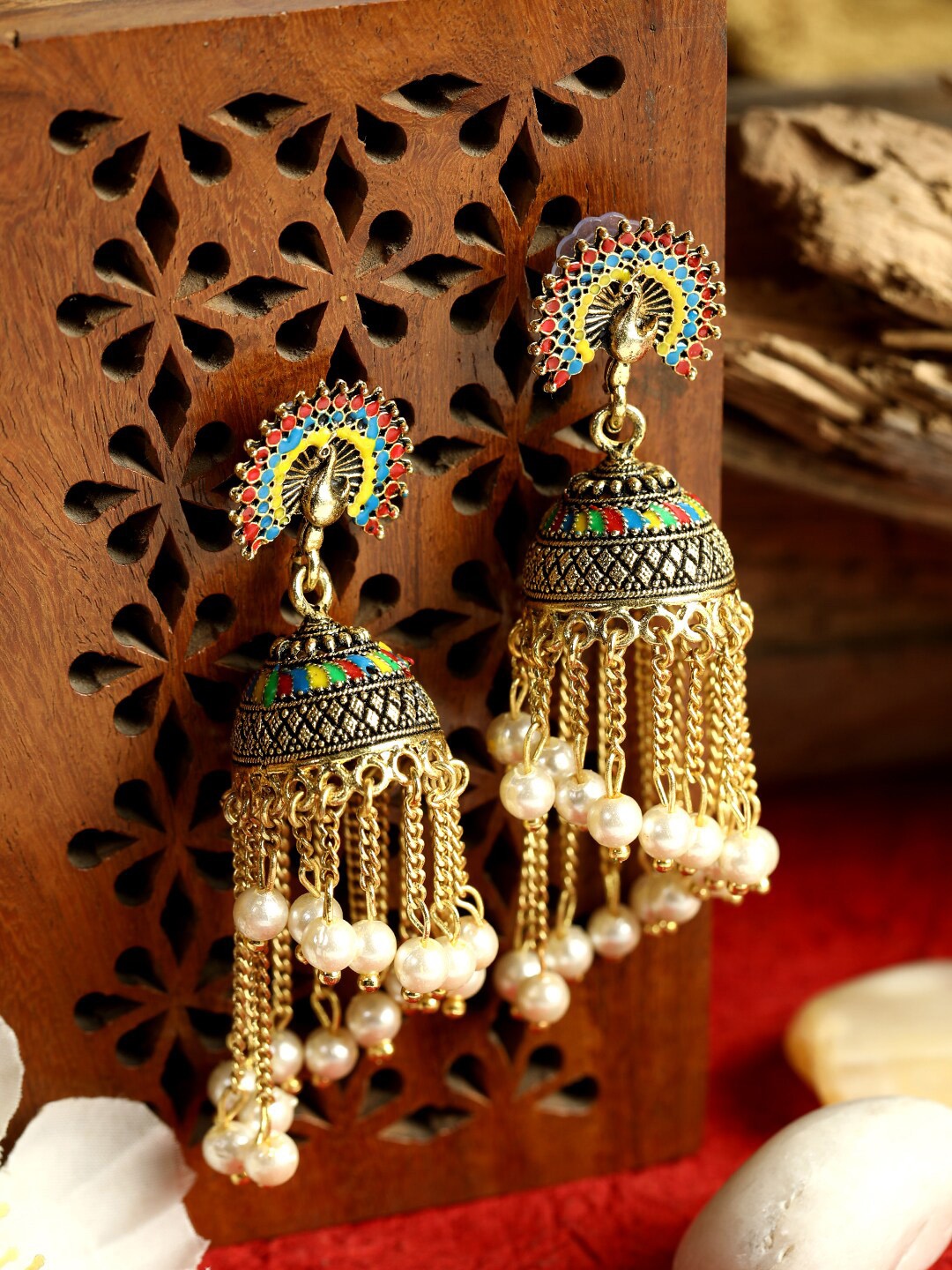 ANIKAS CREATION Gold-Plated Multicoloured Jhallar Style Peacock Jhumka, Multi
