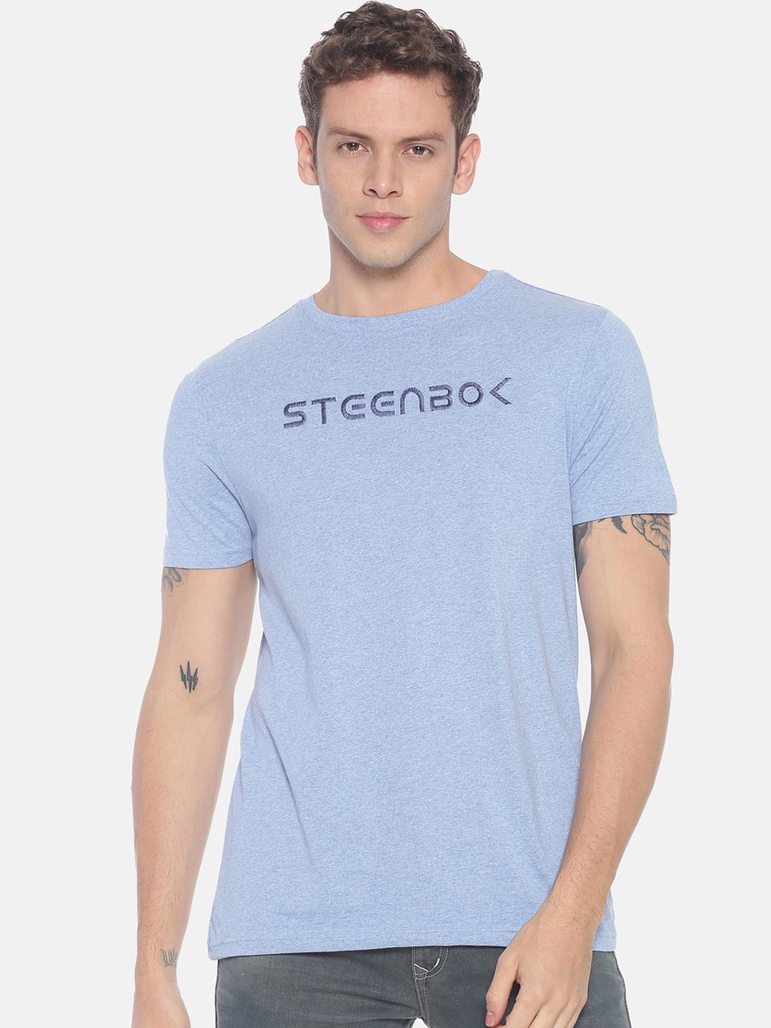 

Steenbok Men Blue Printed Round Neck Pure Cotton T-shirt