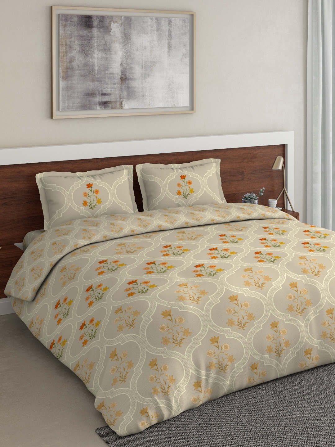 

DDecor Beige & Orange Floral Printed Double Queen Bedding Set
