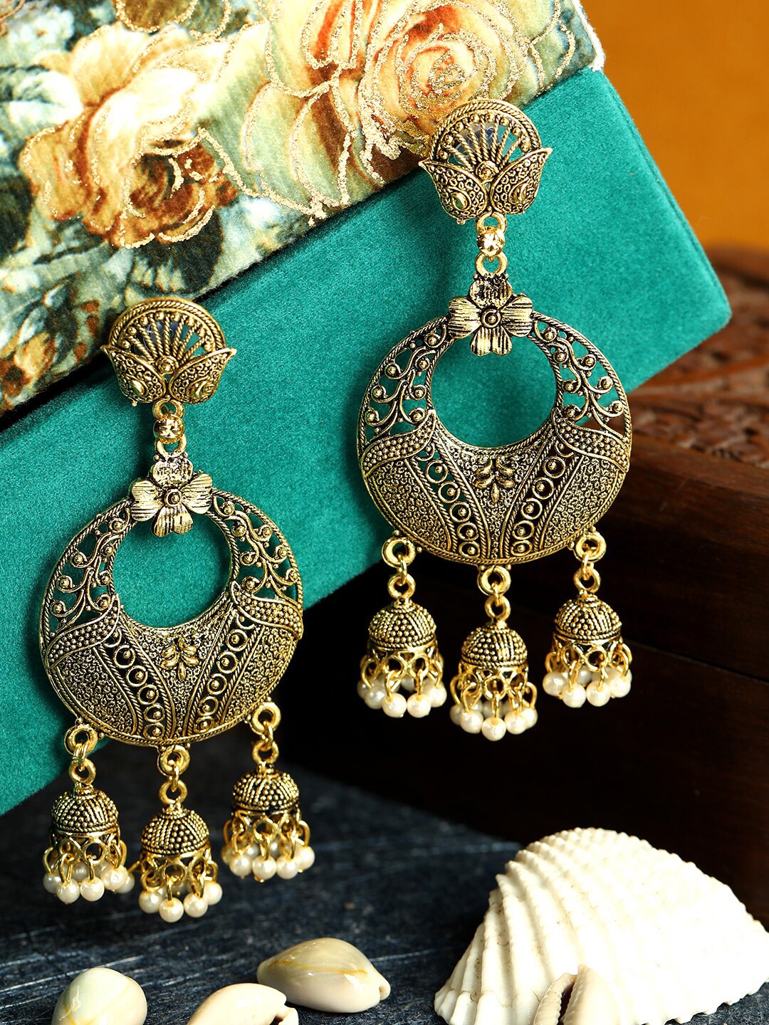 

ANIKAS CREATION Gold-Plated & Gunmetal-Toned Antique Circular Drop Earrings
