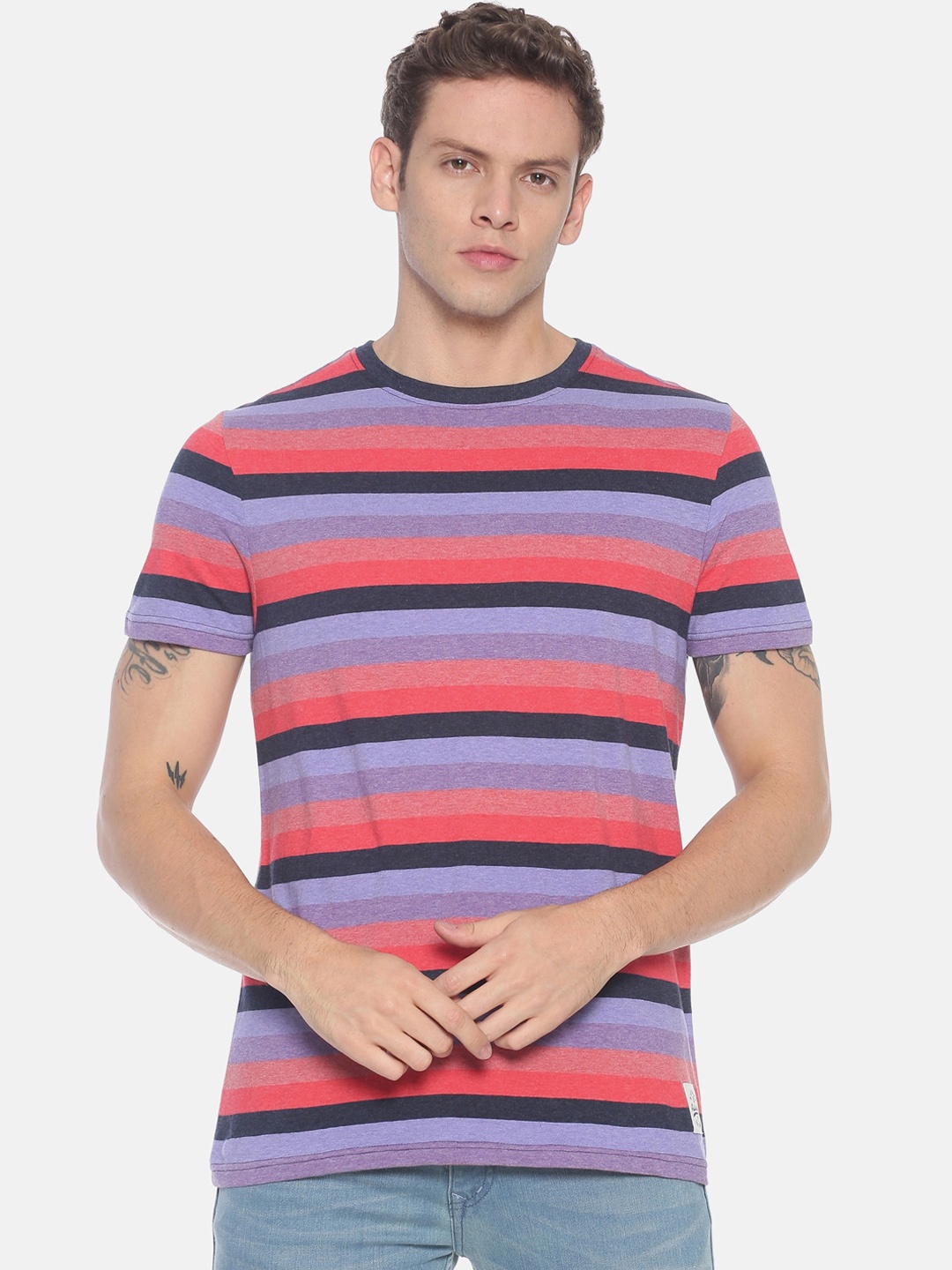 

Steenbok Men Purple Pink Striped Round Neck Pure Cotton T-shirt