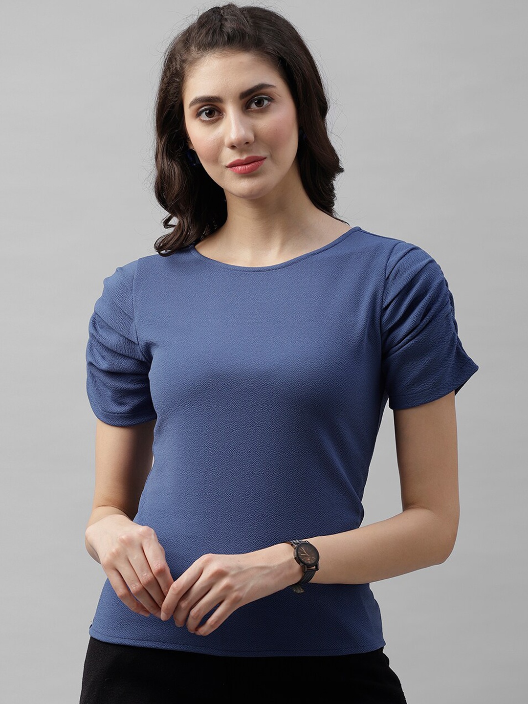 

Athena Women Blue Solid Puff Sleeves Top