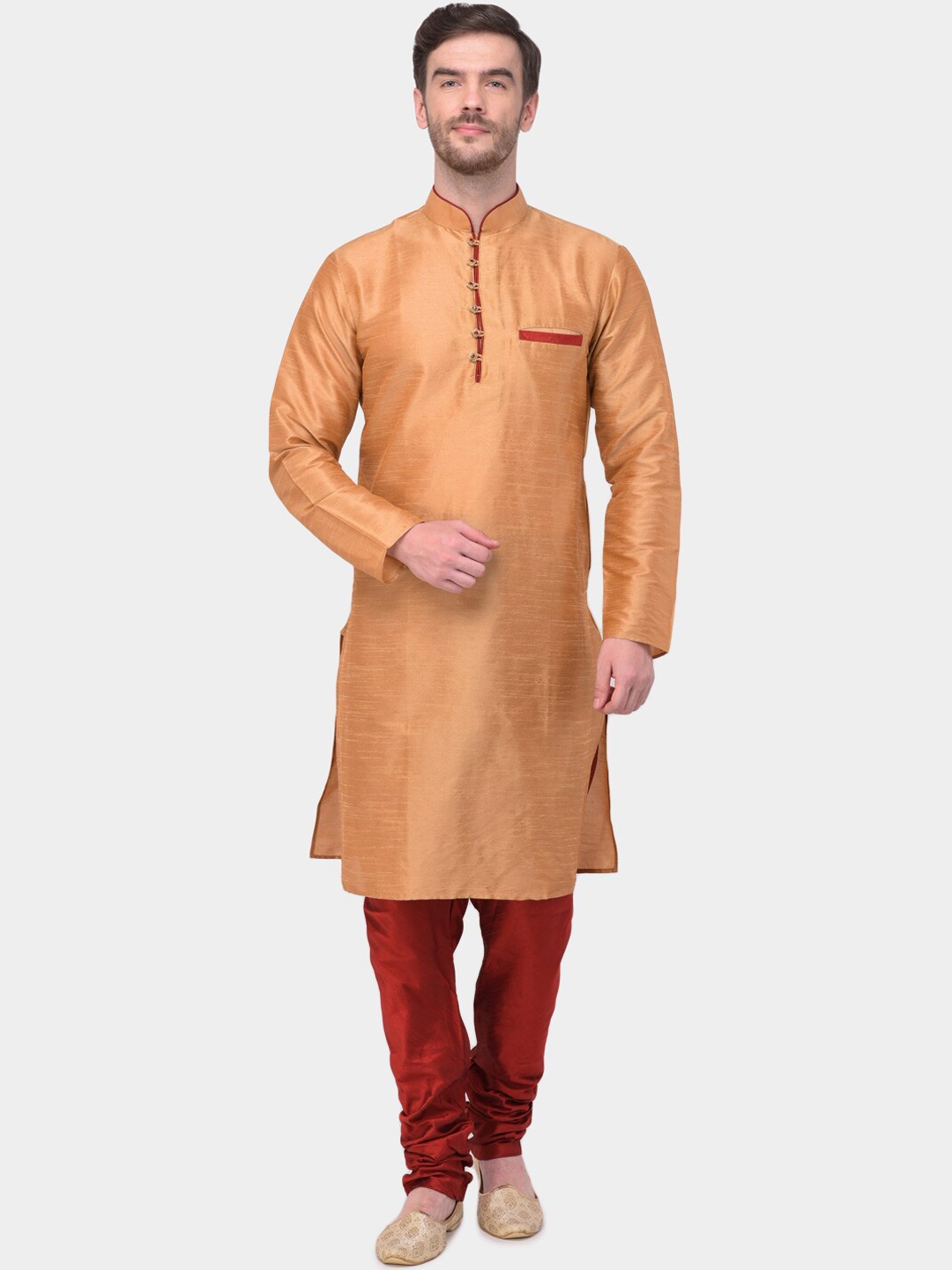 

SG LEMAN Men Orange & Maroon Solid Kurta with Churidar