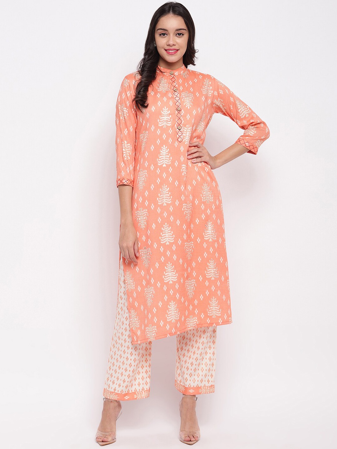 

FABNEST Women Peach & White Printed Kurta with Palazzos