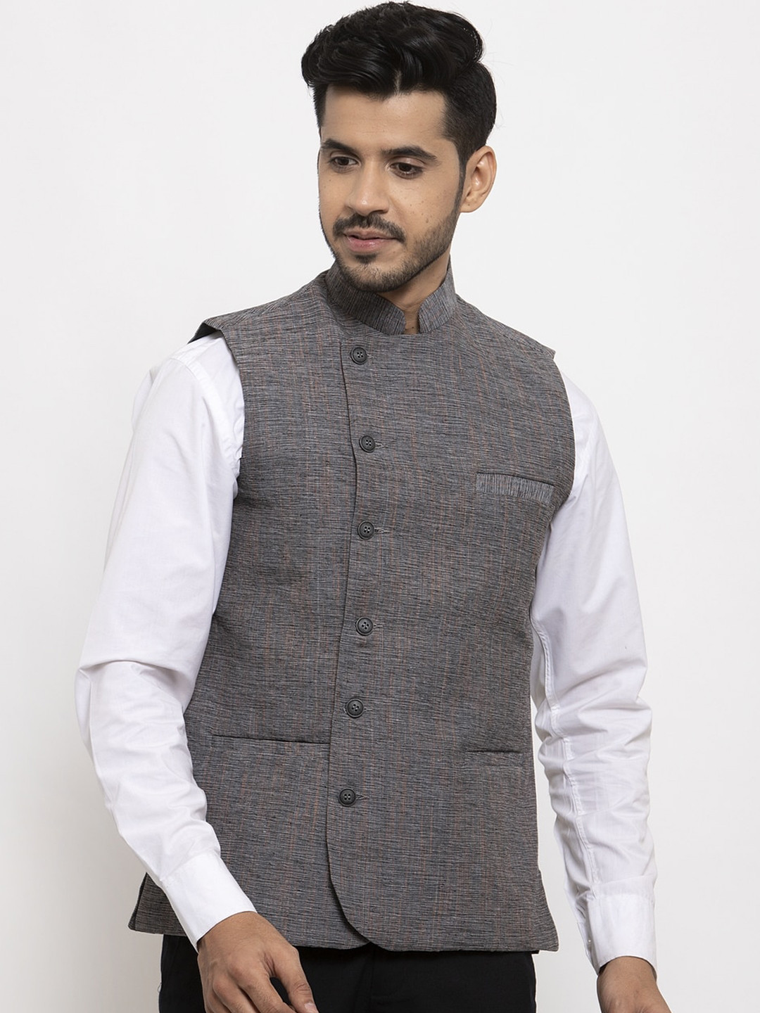 

KLOTTHE Men Grey Woven Design Pure Cotton Nehru Jacket