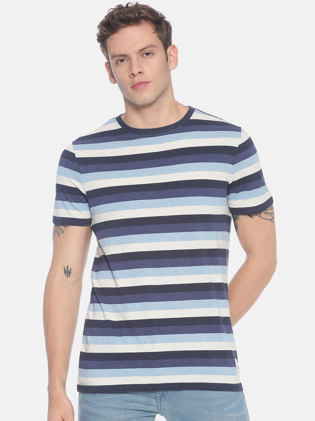 

Steenbok Men Purple White Striped Round Neck Pure Cotton T-shirt