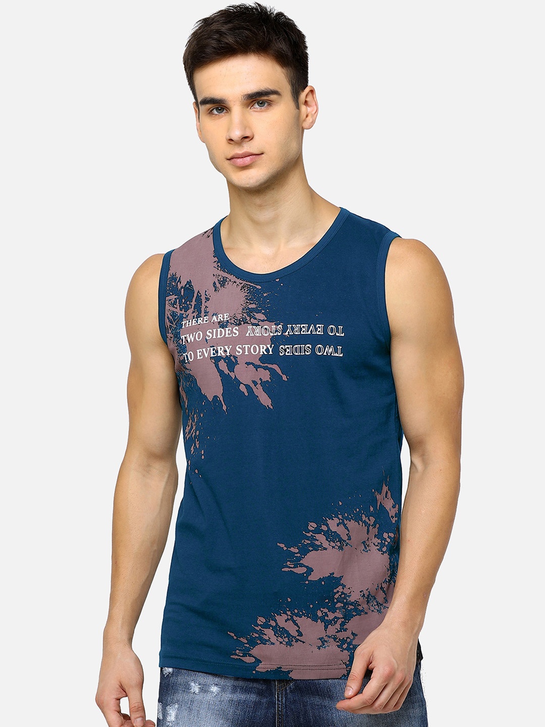 

Maniac Men Navy Blue Printed Round Neck Pure Cotton T-shirt
