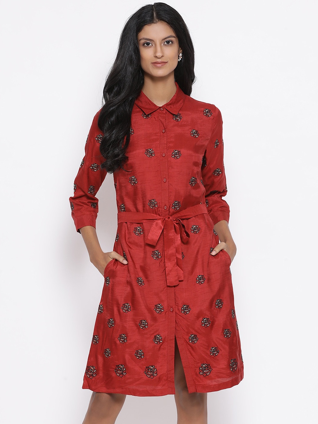 

ROOTED Women Maroon Embroidered Shirt Dress