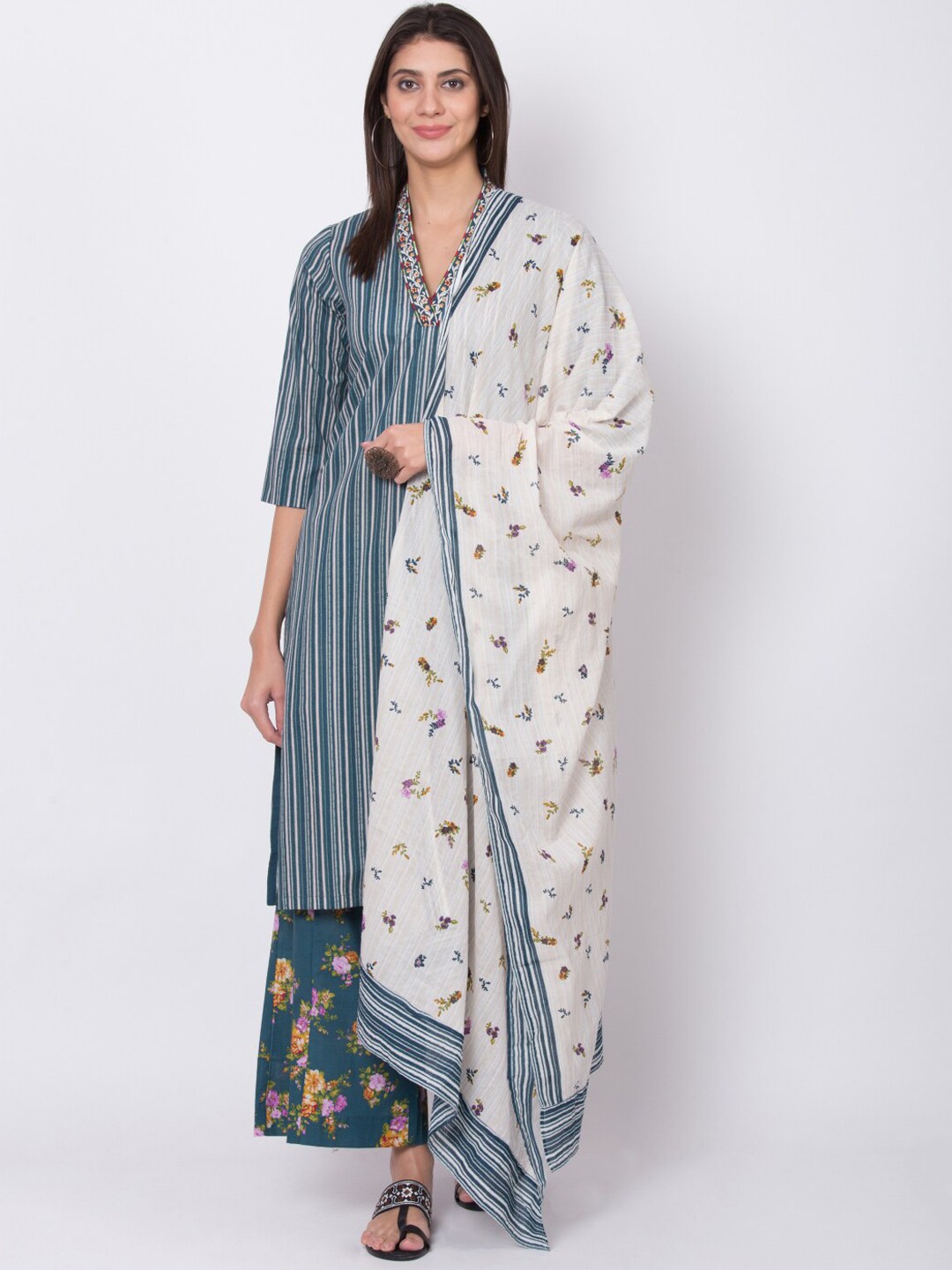

Biba Women Teal Blue & White Striped Kurta with Palazzos & Dupatta