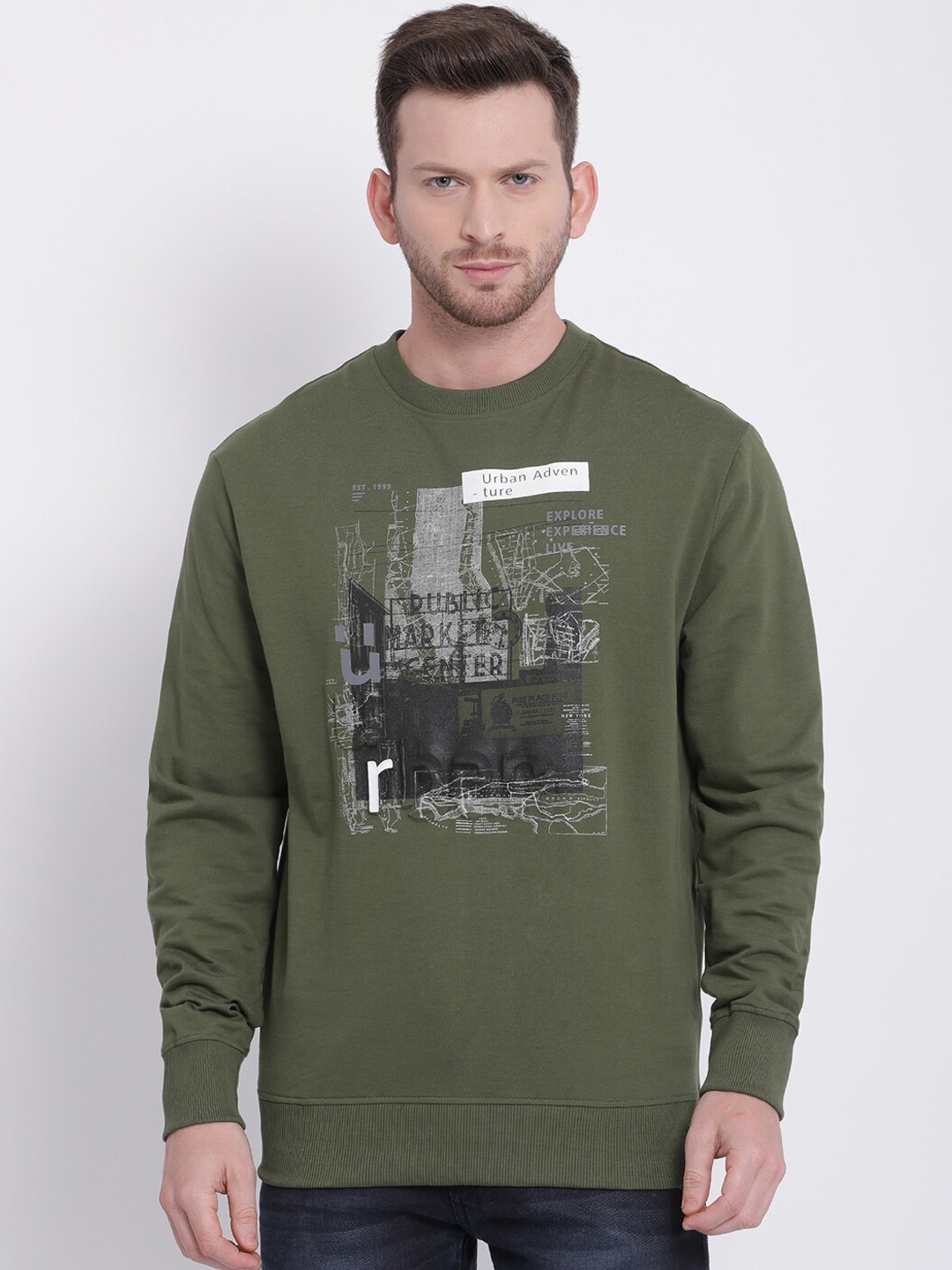 

t-base Men Olive Green Printed Sweatshirt