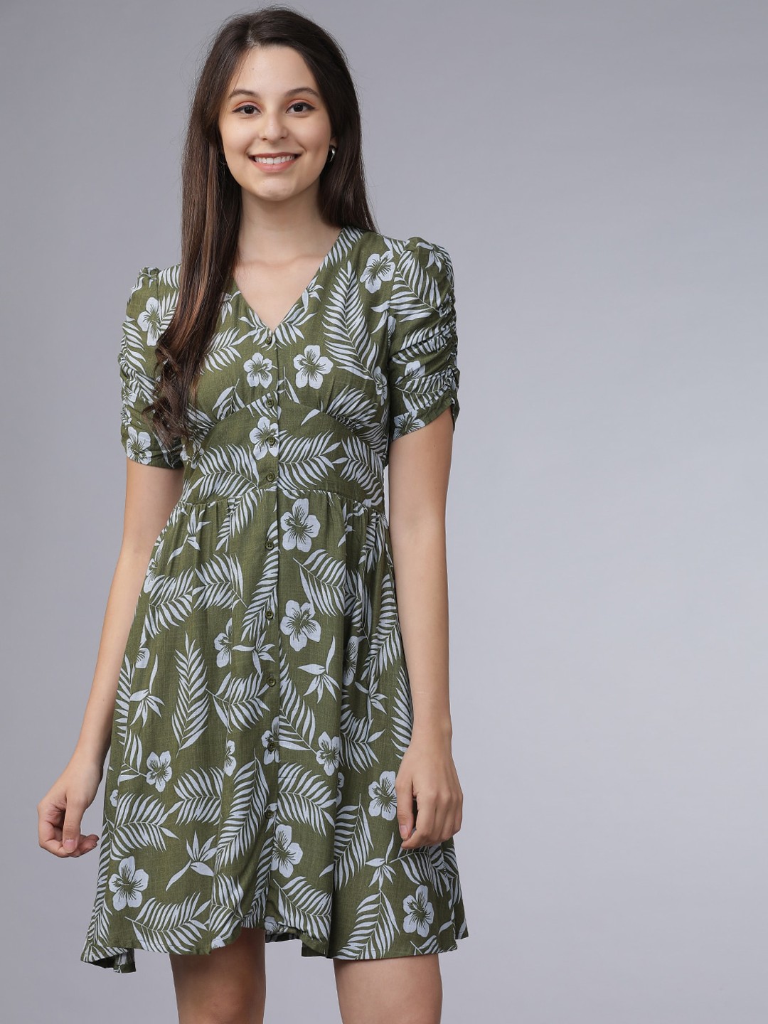 

Tokyo Talkies Women Olive Green Printed Fit and Flare Dress