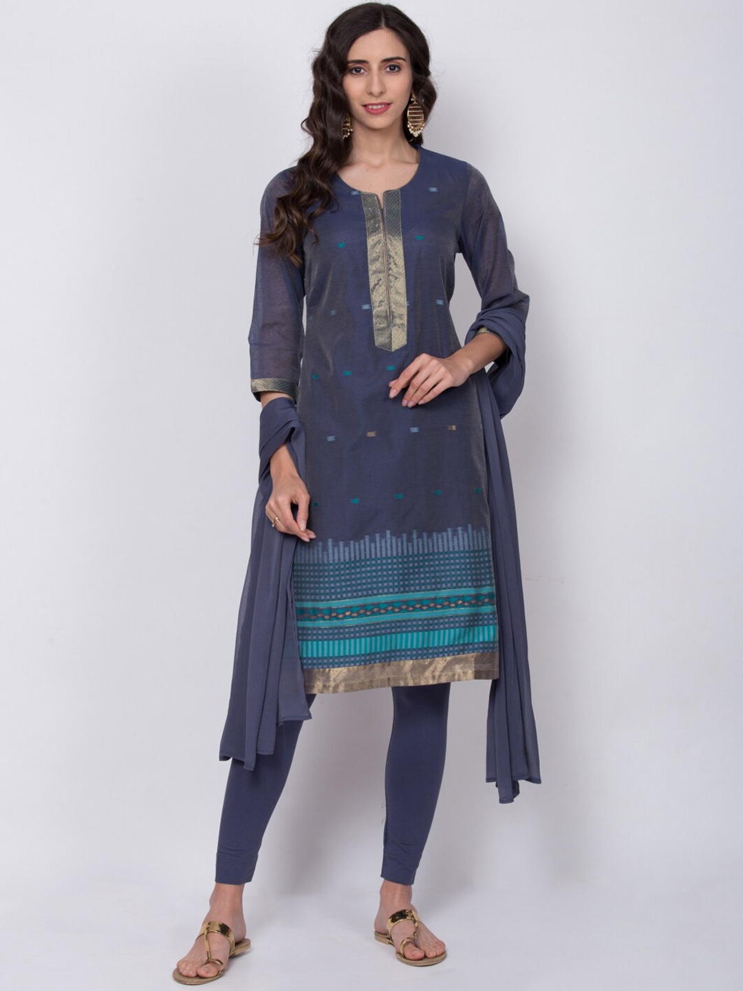 

Biba Women Navy Blue Woven Design Kurta with Churidar & Dupatta