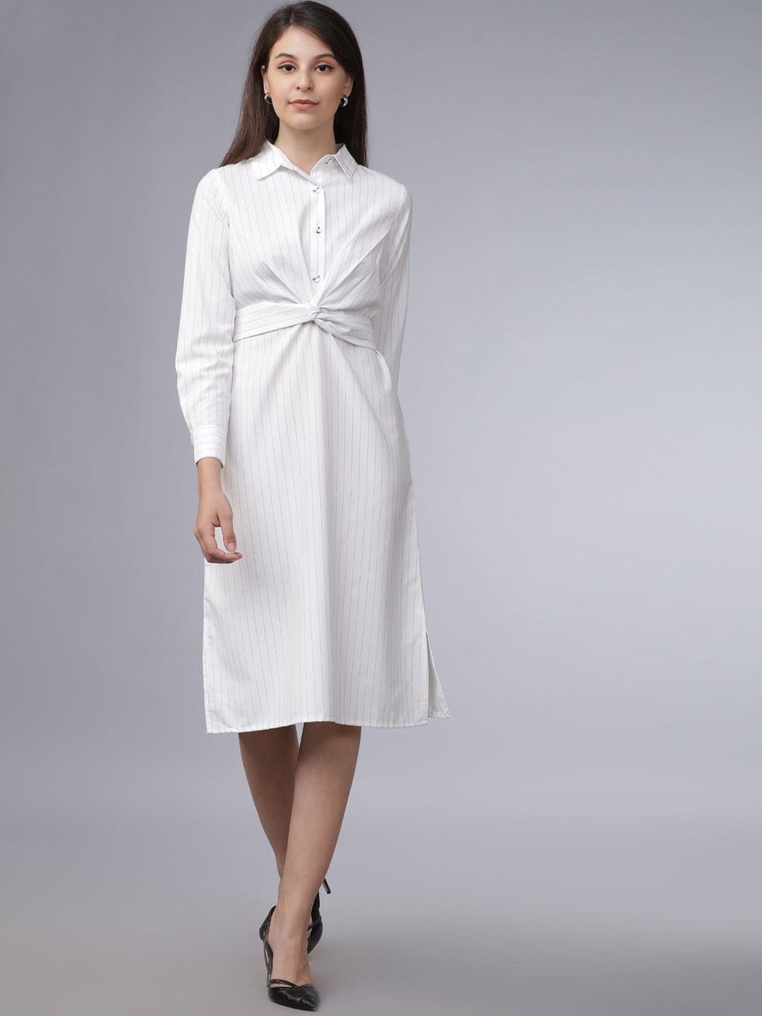 

Tokyo Talkies Women White Striped Shirt Dress