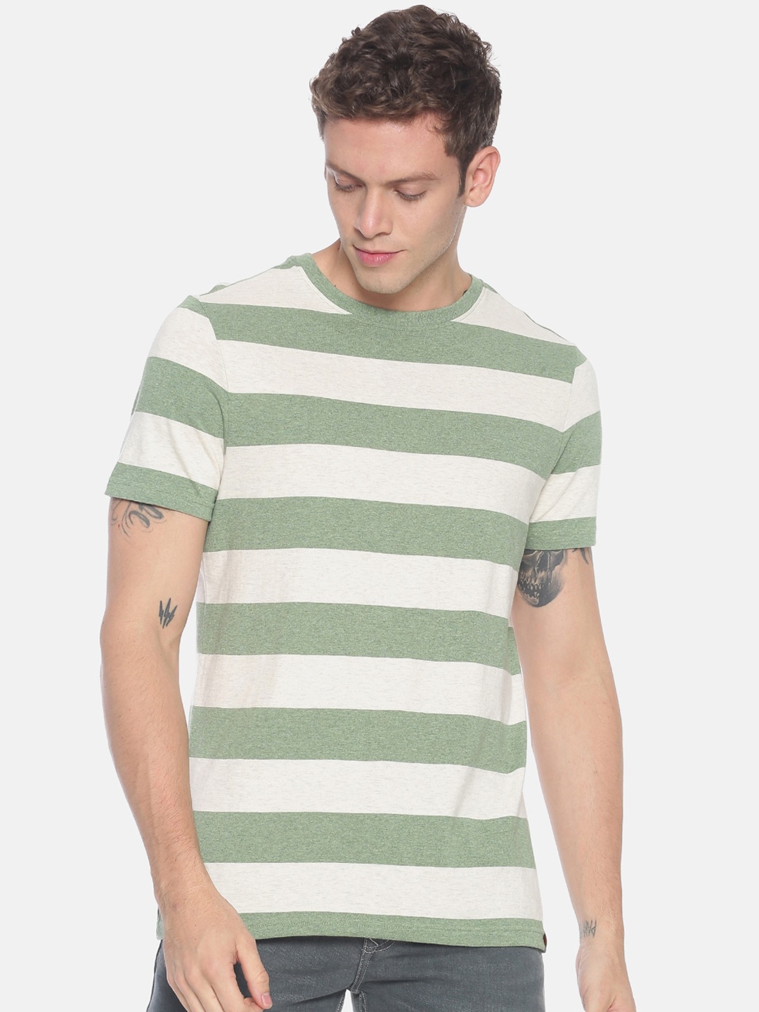 

Steenbok Men Beige Green Striped Round Neck Pure Cotton T-shirt