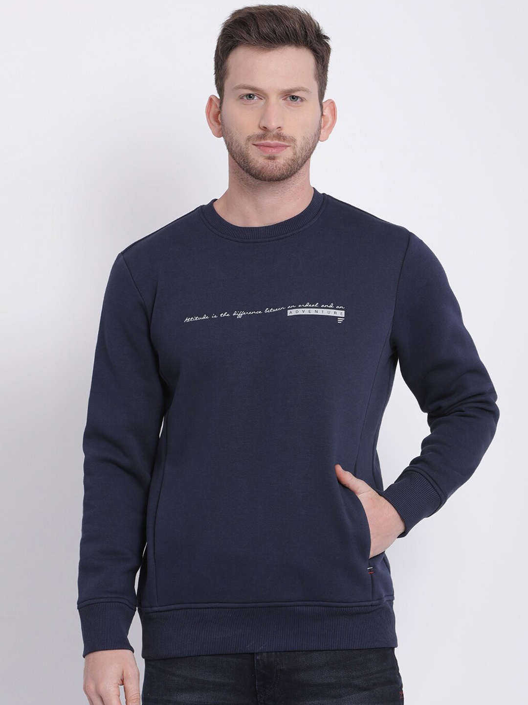 

t-base Men Navy Blue Solid Sweatshirt
