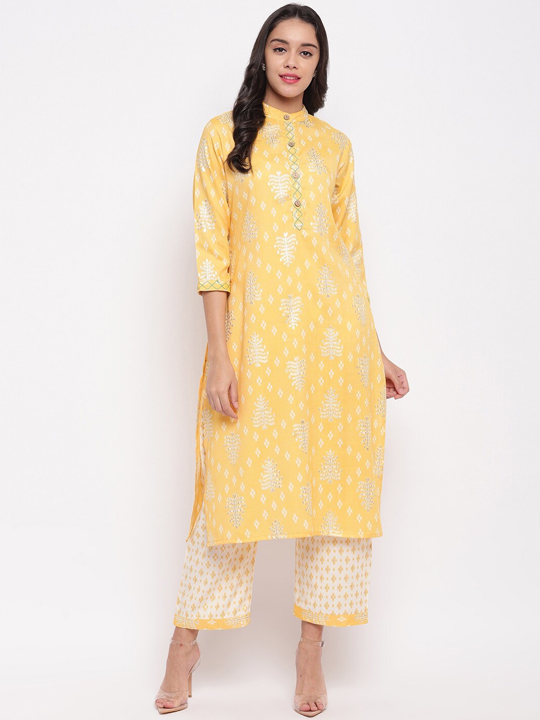 

FABNEST Women Yellow & White Printed Kurta with Palazzos