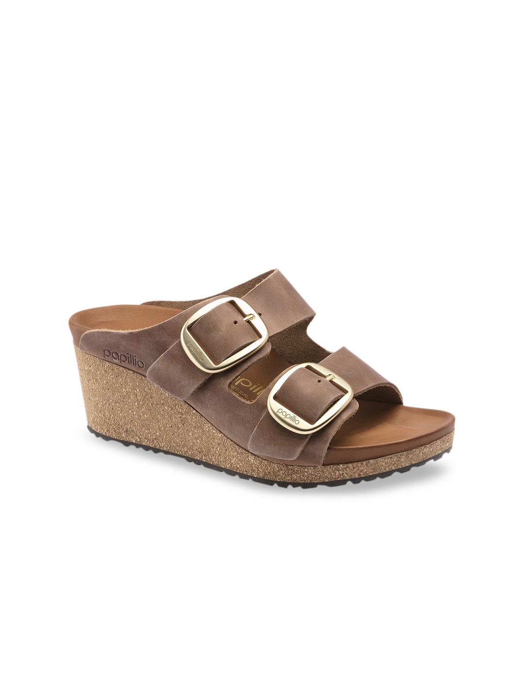

Birkenstock Women Brown Nora Big Buckle Narrow Width Leather Wedges
