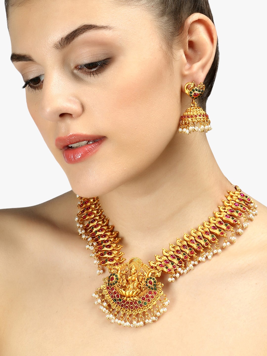 

Adwitiya Collection 24CT Gold-Plated & Red Stone-Studded Temple Antique Jewellery Set