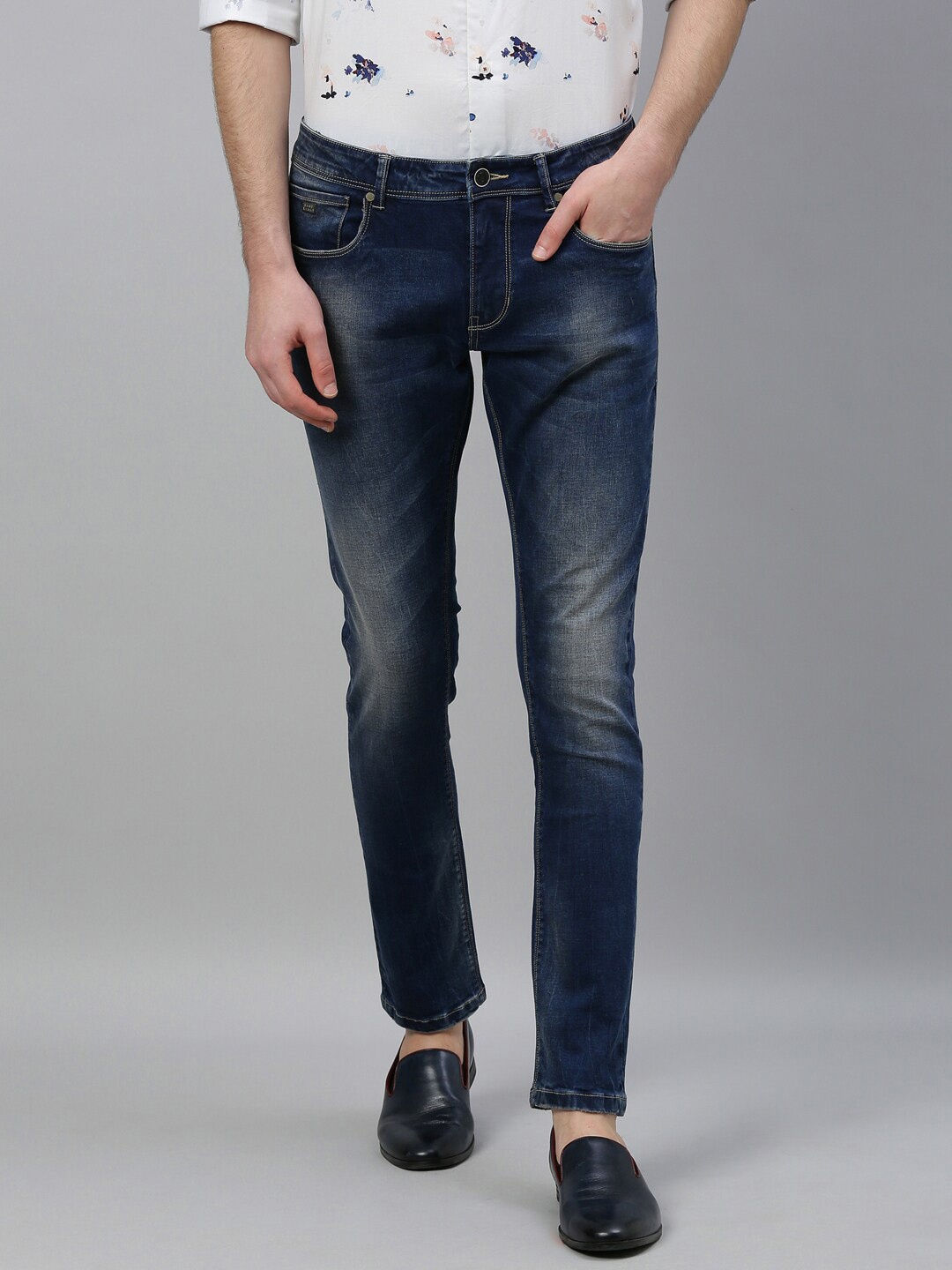 

RARE RABBIT Men Bond-3 Slim Fit Mid-Rise Jeans, Navy blue