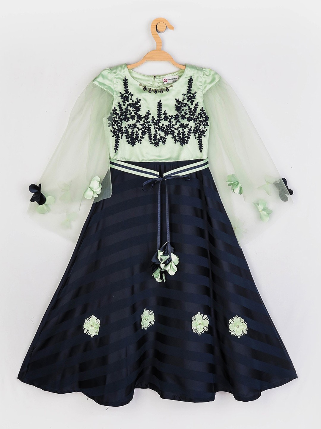 

Peppermint Girls Navy Blue & Green Self Design Fit and Flare Dress