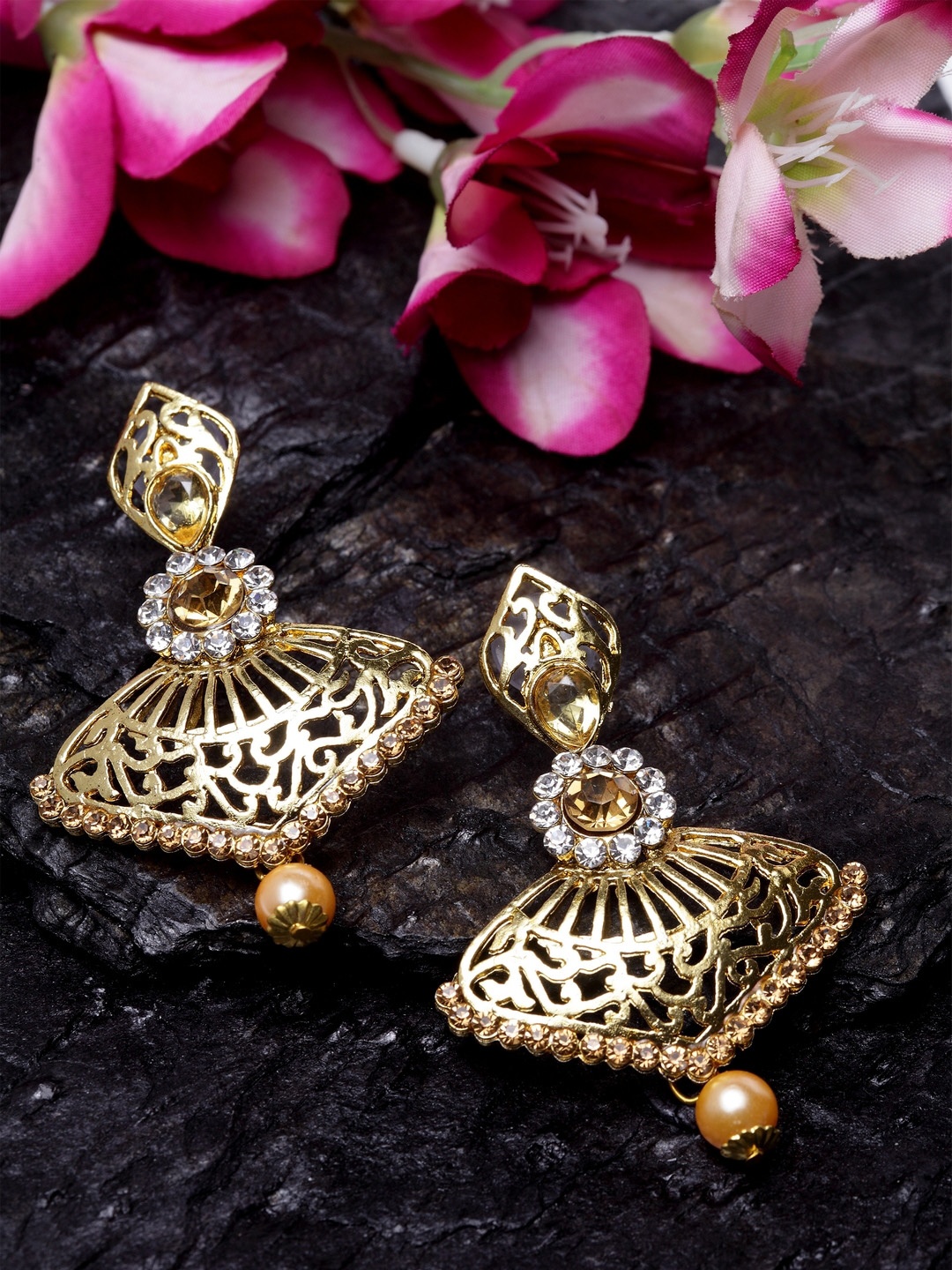 

ANIKAS CREATION Gold Plated Triangular Shape Stone And Cutwork Dangles